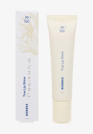 Korres True Lip Shine, tubo da 10 mL, colore crema, texture liscia, con una scatola bianca caratterizzata da testo blu e accenti artistici.