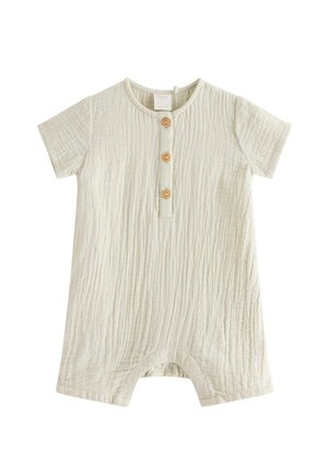 Flødefarvet tekstureret babyheldragt med korte ærmer og tre træknapper på forstykket.