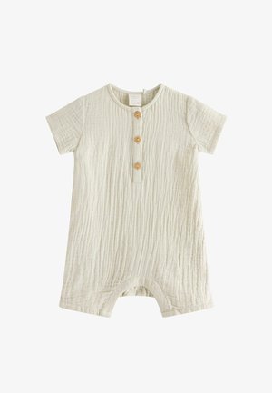 Kermanvärinen, teksturoitu vauvan haalari lyhyillä hihoilla ja kolmella puisella napilla edessä.