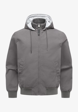 Veste à capuche grise avec fermeture éclair frontale, poignets et ourlet côtelés, deux poches inclinées, et cordons de serrage sur la capuche.