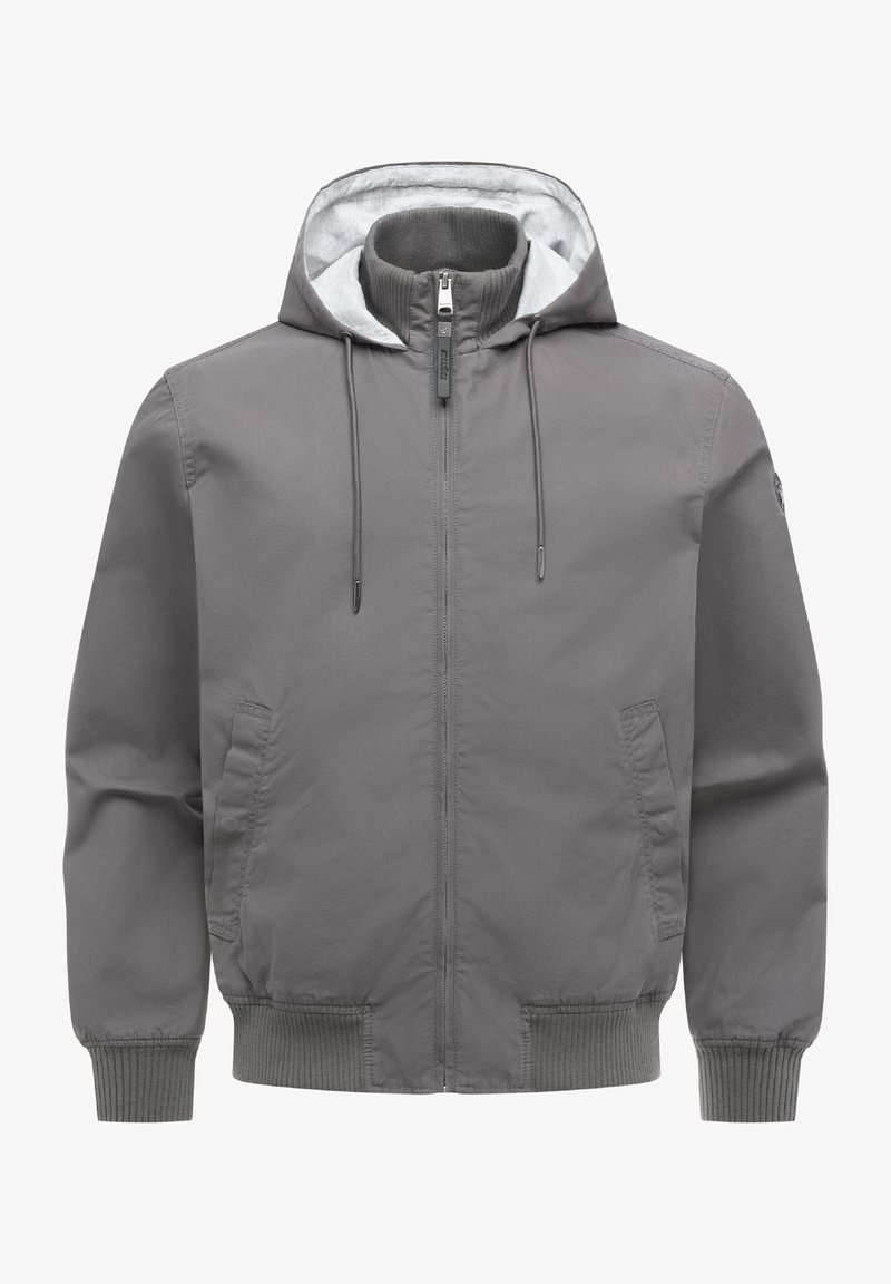 Szara kurtka z kapturem na zamek z przodu, z prążkowanymi mankietami i dołem, dwoma skośnymi kieszeniami oraz sznurkami na kapturze.