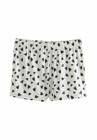 Light gray shorts made from cotton, featuring a repeated black heart pattern. Elastic waistband for comfort, with a relaxed fit.
