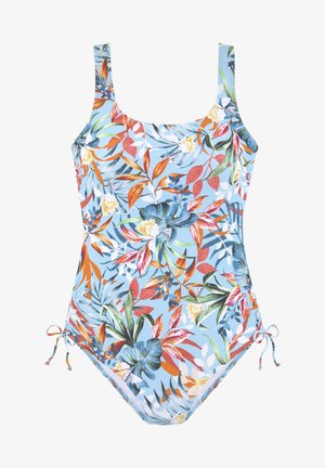 Costume da bagno intero floreale con lacci laterali regolabili. Presenta uno sfondo azzurro chiaro e modelli tropicali vivaci nei colori arancione, verde e bianco.