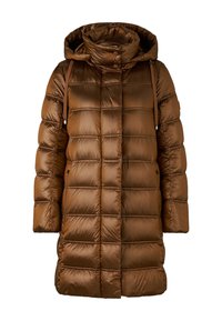 Brun pufferjakke med høj krave og hætte, med quiltet design, horisontale segmenter og sidelommer. Glat, blank finish.