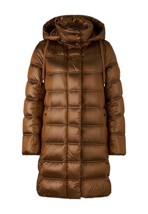 Brauner Stepp-Daunenmantel mit hohem Kragen und Kapuze, mit gesteppter Optik, horizontalen Segmenten und Seitentaschen. Glatte, glänzende Oberfläche.
