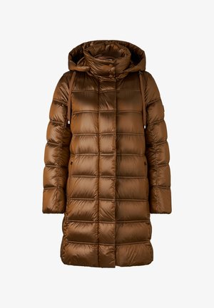 Brauner Stepp-Daunenmantel mit hohem Kragen und Kapuze, mit gesteppter Optik, horizontalen Segmenten und Seitentaschen. Glatte, glänzende Oberfläche.