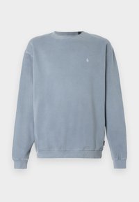 Light blue sweatshirt made of cotton, featuring a ribbed crew neck, long sleeves, and a small logo on the chest. Soft, textured finish.