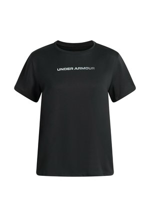 Maglietta nera a maniche corte con scollo rotondo e logo bianco "UNDER ARMOUR" centrato sul petto su sfondo bianco.