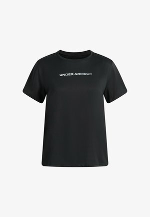 Schwarzes T-Shirt mit kurzen Ärmeln und Rundhalsausschnitt sowie weißem "UNDER ARMOUR"-Logo mittig auf der Brust vor weißem Hintergrund.