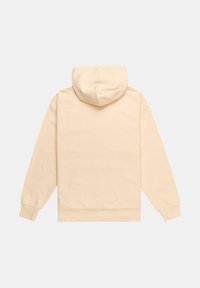 Sudadera beige con capucha ajustable, puños acanalados y un corte relajado. Textura suave y color sólido sin patrones ni adornos.