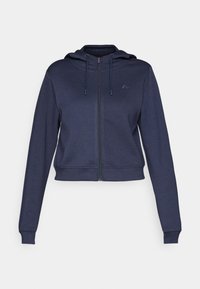 Tmavě modrá zkrácená zipová mikina s dlouhými rukávy, nastavitelnou kapucí na šňůrku a decentním logem na hrudi.
