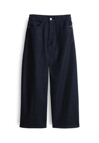 Donkerdenim wijde broek met een hoge taille, voorzien van een knoopsluiting, vijf zakken en contrasterende stiksels. Glad textuur.