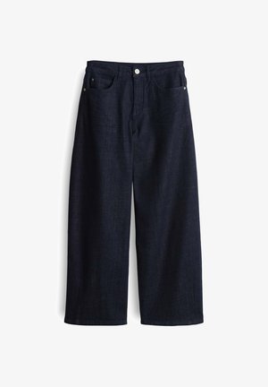 Dark denim wide-leg trousers with a high waist, featuring a button closure, five pockets, and contrasting stitching. Smooth texture.