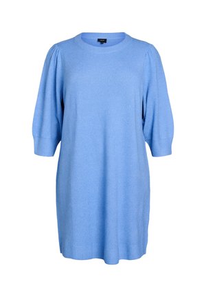 Abito in maglia azzurro chiaro con scollatura rotonda e maniche corte a sbuffo. Presenta una texture morbida e polsini e orlo a coste.