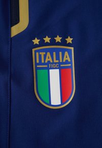 Modrá športová dres zo súpravy s logom v zlatej obrube v tvare štítu, na ktorom je nápis "ITALIA" a farby talianskej vlajky: zelená, biela a červená, plus štyri hviezdy.