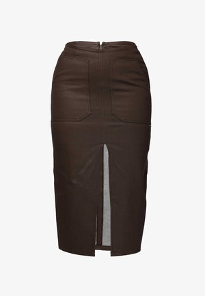 Gonna a matita marrone realizzata in tessuto robusto, con due tasche frontali, chiusura con zip sul retro e uno spacco frontale per movimento e stile.