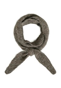 Brown knit scarf made of soft, textured material. Features a looped design with long, tied ends. Fuzzy finish with varying brown shades.