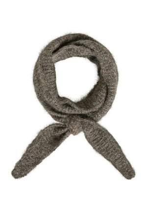 Brown knit scarf made of soft, textured material. Features a looped design with long, tied ends. Fuzzy finish with varying brown shades.