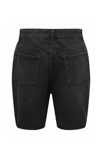 Short en jean noir avec taille haute, passants pour ceinture et deux poches plaquées à l'arrière, présenté sur fond blanc.