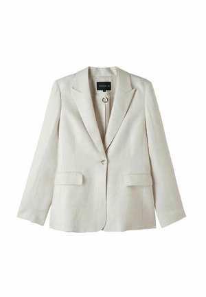 Heller beiger Leinenblazer mit revers, einreihiger Knopfverschluss, zwei frontalen Taschen und glatter Textur. In taillierter Passform gestylt.