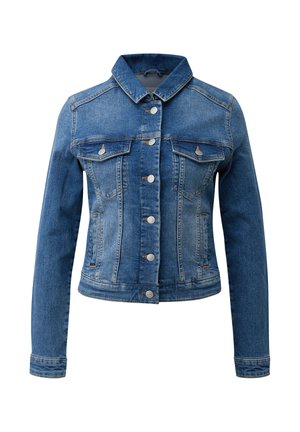 Veste en jean bleu à manches longues, fermeture à boutons sur le devant, deux poches poitrine à rabat et col classique.