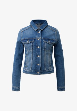 Veste en jean bleu à manches longues, fermeture à boutons sur le devant, deux poches poitrine à rabat et col classique.