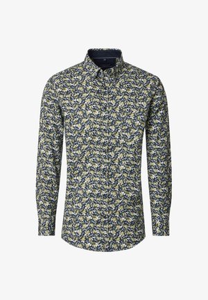 Langärmliges Hemd mit Knopfleiste, weißem Grundton, einem filigranen floralen Muster in Grün und Marineblau, klassischem Kragen und schmalen Manschetten.