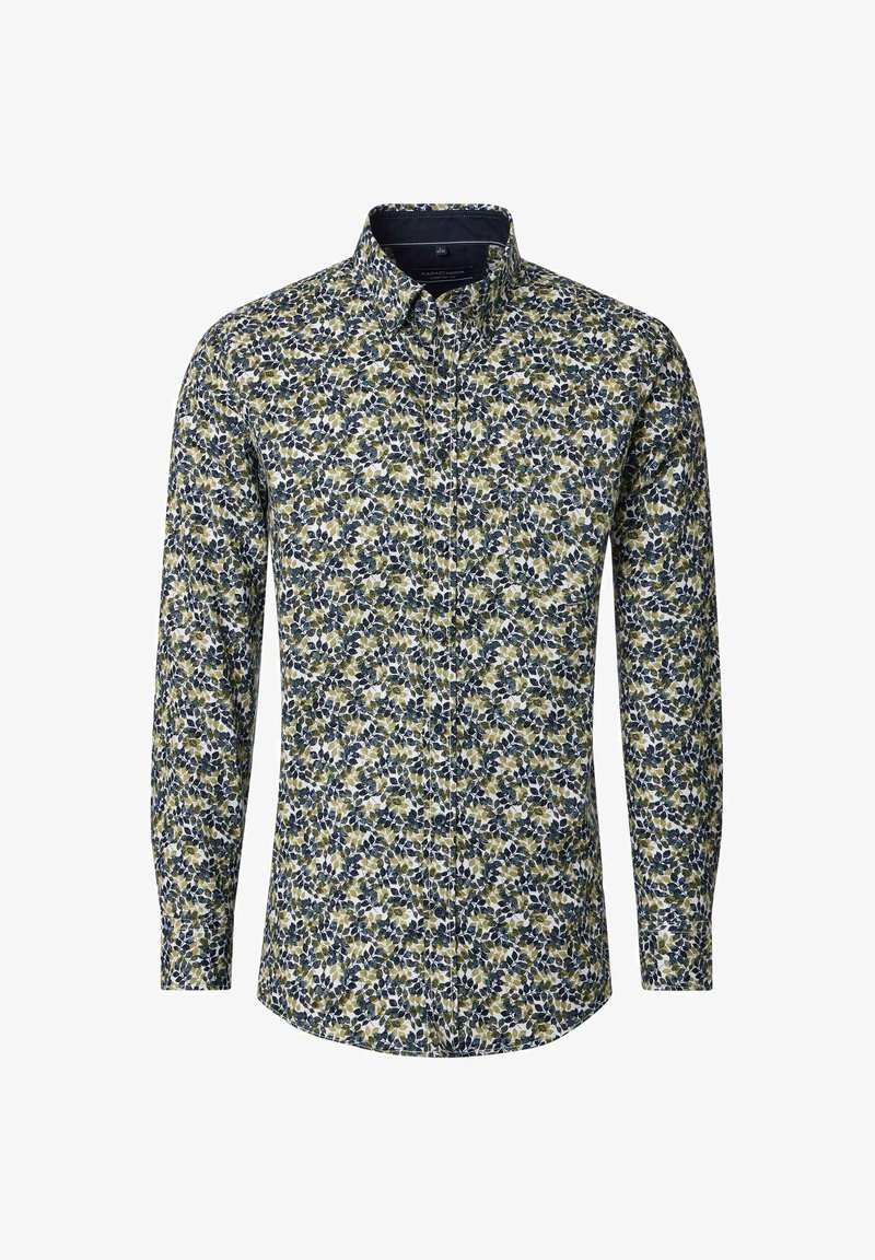 Langärmliges Hemd mit Knopfleiste, weißem Grundton, einem filigranen floralen Muster in Grün und Marineblau, klassischem Kragen und schmalen Manschetten.