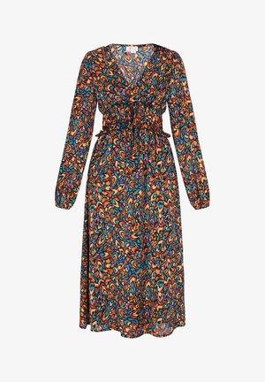 Ilga rankovė suknelė, papuošta ryškiu oranžinės, mėlynos ir žalios spalvų raštu. Ji turi elastingą liemenį ir laisvą siluetą.