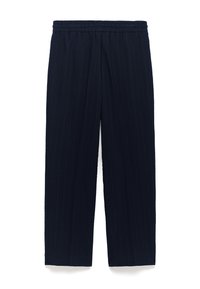 Navyblaue, strukturierte Hose mit elastischem Bund und geradem Bein, auf einem weißen Hintergrund präsentiert.