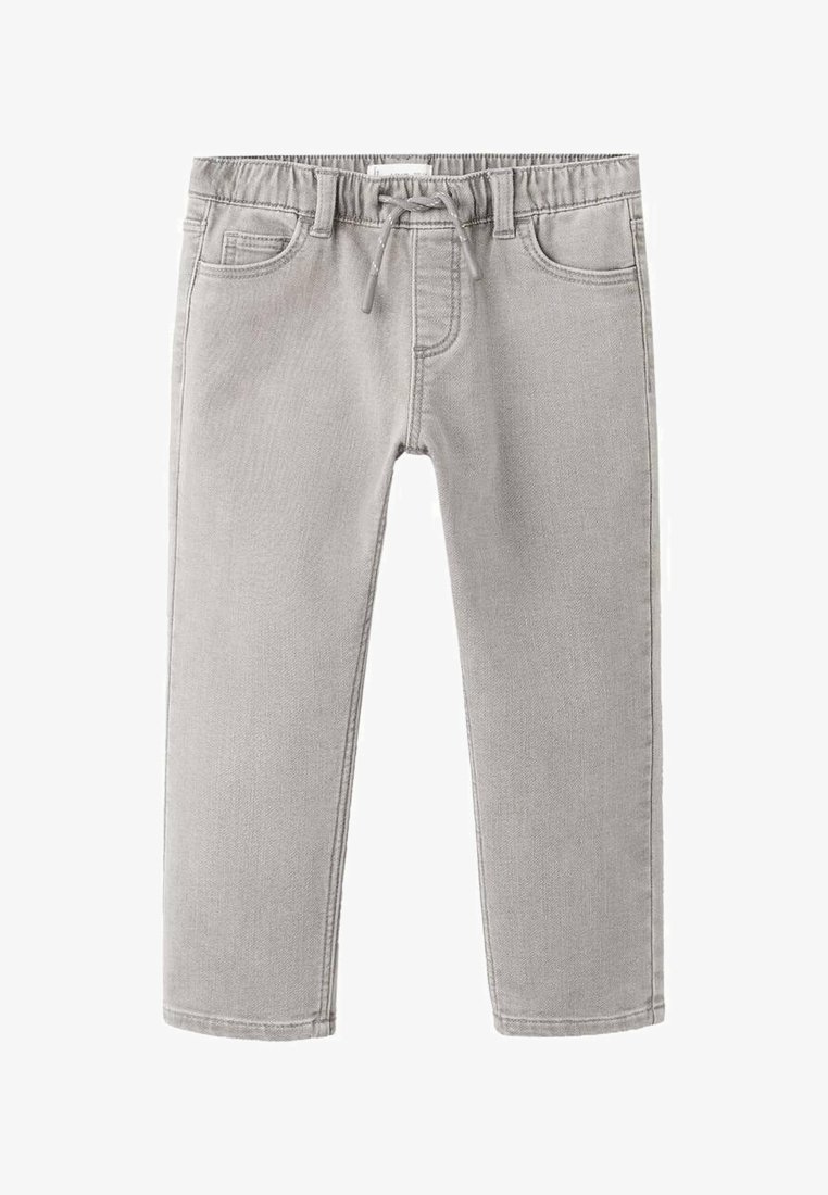 Pantalon en denim gris avec une ceinture élastique, un cordon de serrage, deux poches avant et une coupe fuselée. Texture lisse et style décontracté.