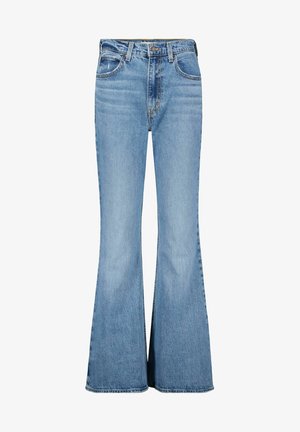 Lichtblauwe flared jeans van denim, met een hoge taille, een klassiek vijf-pocketontwerp en contrasterende stiksels.