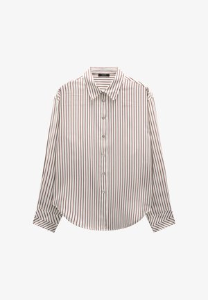 Męska koszula na guziki, biała w cienkie czerwone pionowe paski, z wyłogami, długimi rękawami, zaokrąglonym dołem i zapięciem na guziki z przodu.