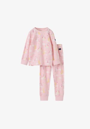 Rosa langærmet top og bukser børnepyjamas med enhjørning, sky, måne og stjernemønstre.