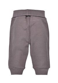 Graue, gerippte Hose mit elastischem Bund und Bündchen an den Knöcheln, weicher Textur und lockerem Schnitt. Keine Taschen oder Verzierungen.