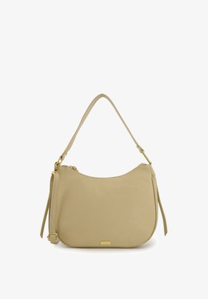 Beige leather shoulder bag with a curved shape, gold hardware accents, and a detachable strap. Features a zip closure and textured surface.