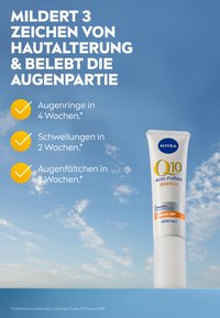NIVEA Q10 Anti-Falten Energy eye cream in a white tube with blue and yellow accents, featuring a flip-top cap and smooth surface.