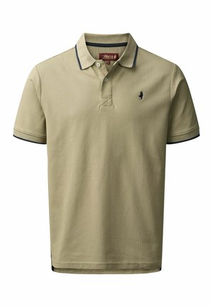 Khaki polo majica s rebrastom teksturom, tamnoplave boje ovratnika i rukava; sadrži mali izvezeni logo na lijevoj strani prsiju.