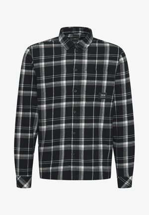 Czarna i szara flannelowa koszula w kratę z długimi rękawami, kołnierzykiem na guziki i małym logo na klatce piersiowej. Charakteryzuje się wzorem w kratkę.