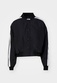 Svart bomberjakke i en glatt, matt finish, med hvite sidelister, ribbet krage, knappelukking og en cropped design.