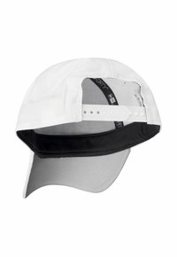 Casquette de baseball blanche ajustable avec bandeau intérieur noir, doublure en mesh à l'intérieur et fermeture snapback, montrée de l'arrière et de l'underside.