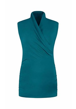 Türkises ärmelloses Top mit drapiertem Ausschnitt, gerafften Seitendetails und glatter Textur, entworfen für eine figurbetonte Optik.