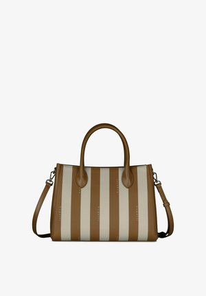 Brown and beige vertical striped handbag with two top handles and an adjustable shoulder strap, rectangular shape, Bugatti logo on stripes.