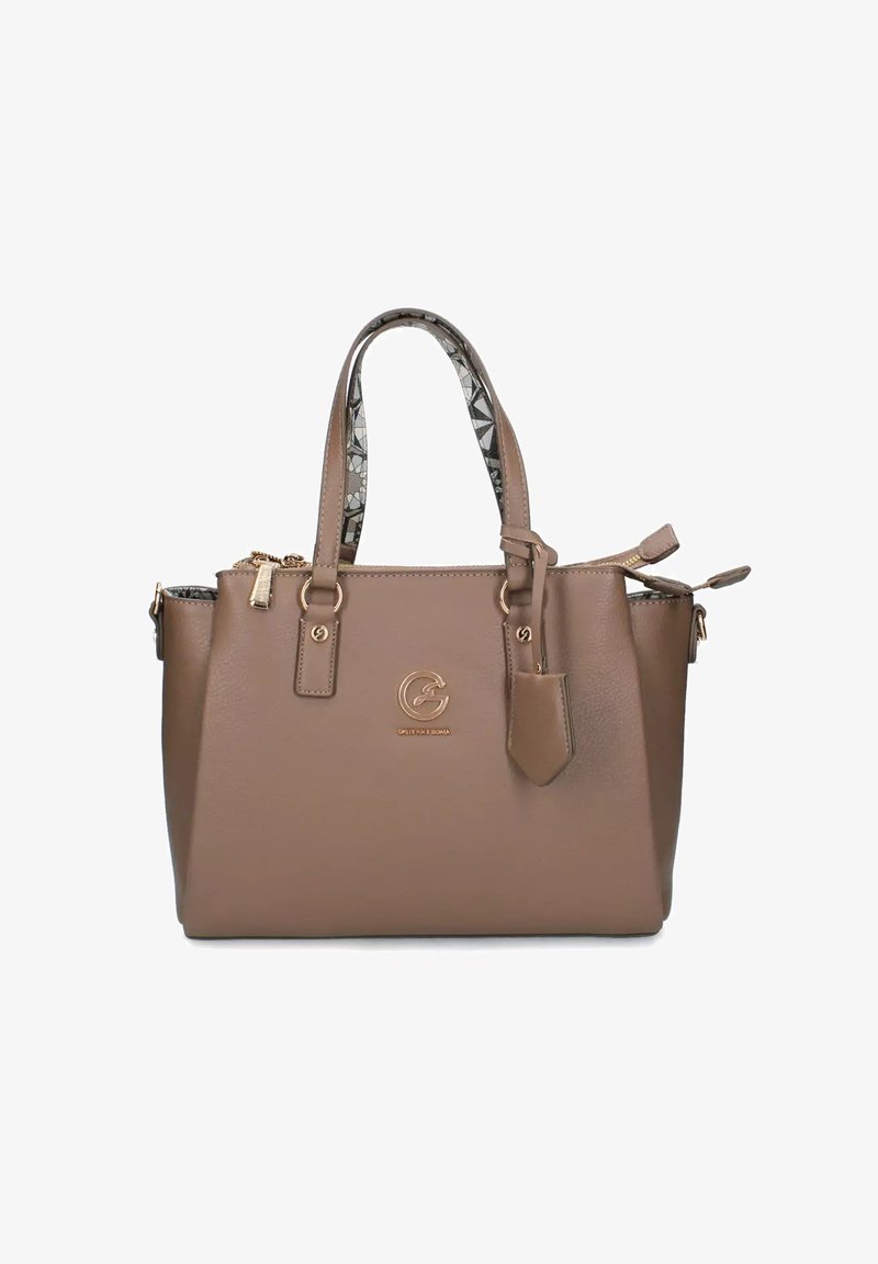 Borsa a mano in pelle marrone con doppi manici, dettagli in oro, chiusure con zip e fodera interna a motivo geometrico.