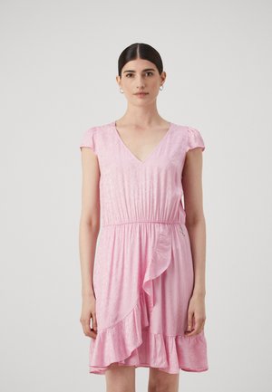 Pink dress with short sleeves, V-neckline, gathered waist, and ruffled hem. Smooth texture with subtle sheen.