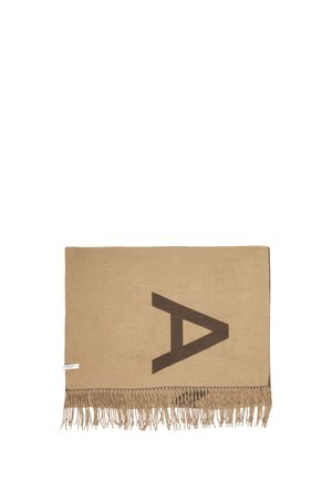 Beige scarf with fringed edges and a large dark brown letter A woven on one side, laid flat on a white background.