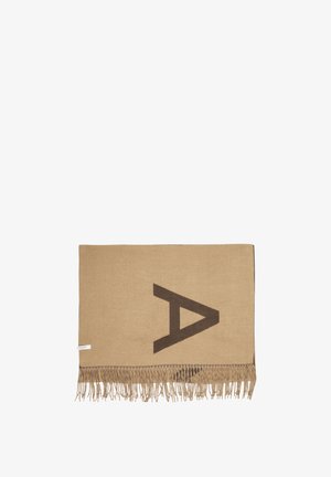 Beige scarf with fringed edges and a large dark brown letter A woven on one side, laid flat on a white background.
