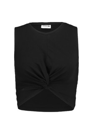 Haut sans manches noir en tissu doux, présentant un détail de nœud torsadé à l'avant et une silhouette ajustée.