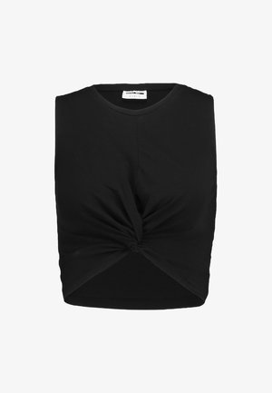 Top preto sem mangas, feito de tecido macio, com um detalhe de nó torcido na frente e uma silhueta ajustada.