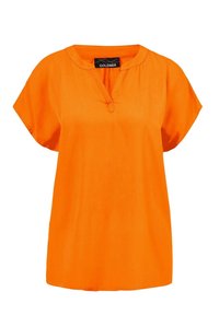 Orange Kurzarmbluse mit schmalem Ausschnitt, aus einem glatten Stoff gefertigt. Lockere Passform mit leicht gerundetem Saum und minimalen Details.